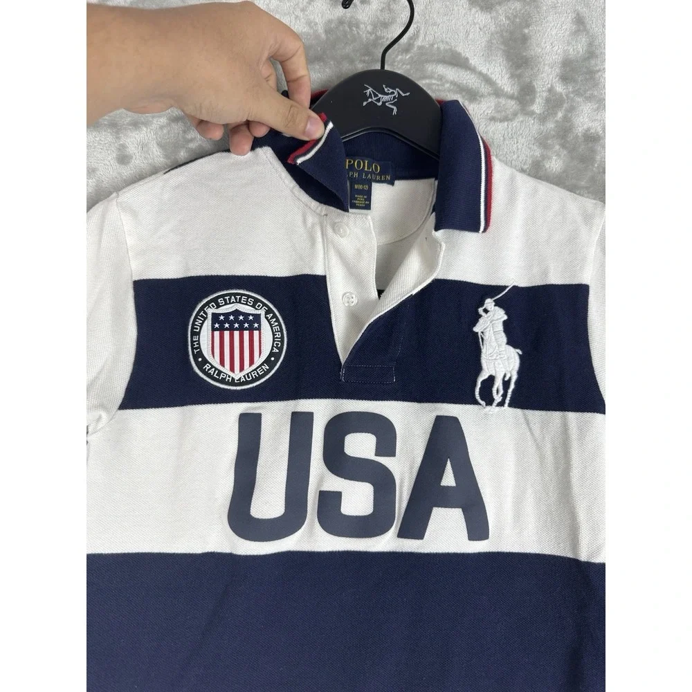 Polo Ralph Lauren Short Sleeve Rugby Shirt Striped Patch Big Pony Youth Boys Med